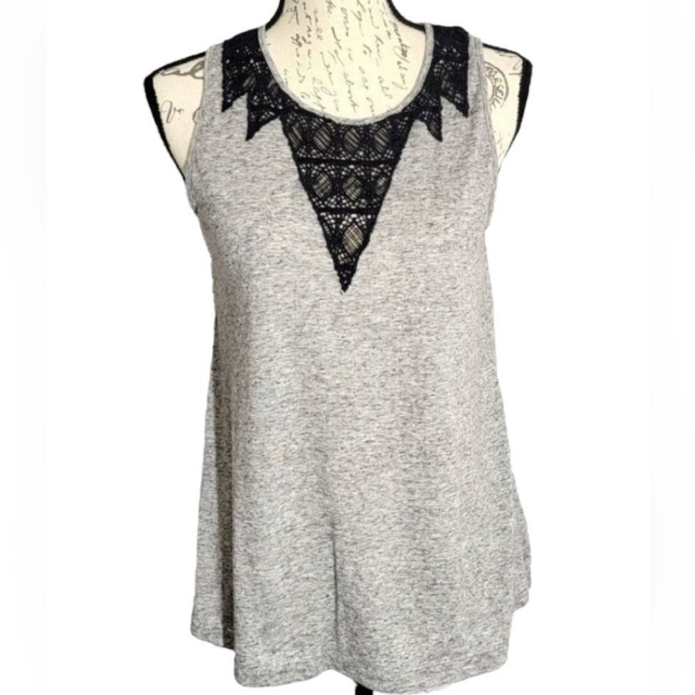 Size large, gray fancy tank, relaxed fit, black lace detail